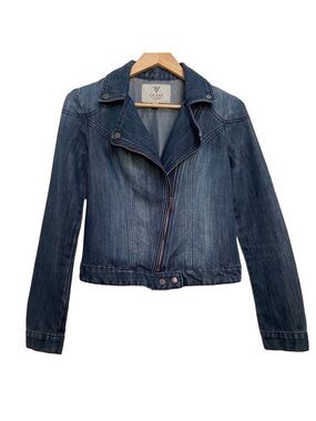 GUESS jean jacket perfecto style blue zip up motorcycle bikercore coat small